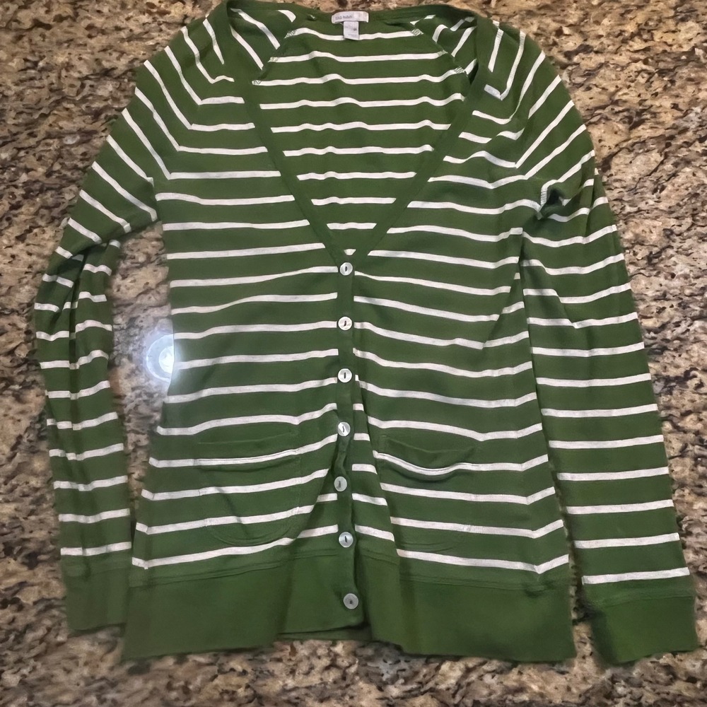 Vintage Old Navy Womens Green White Striped V-Neck‎ Cardigan Sweater Medium